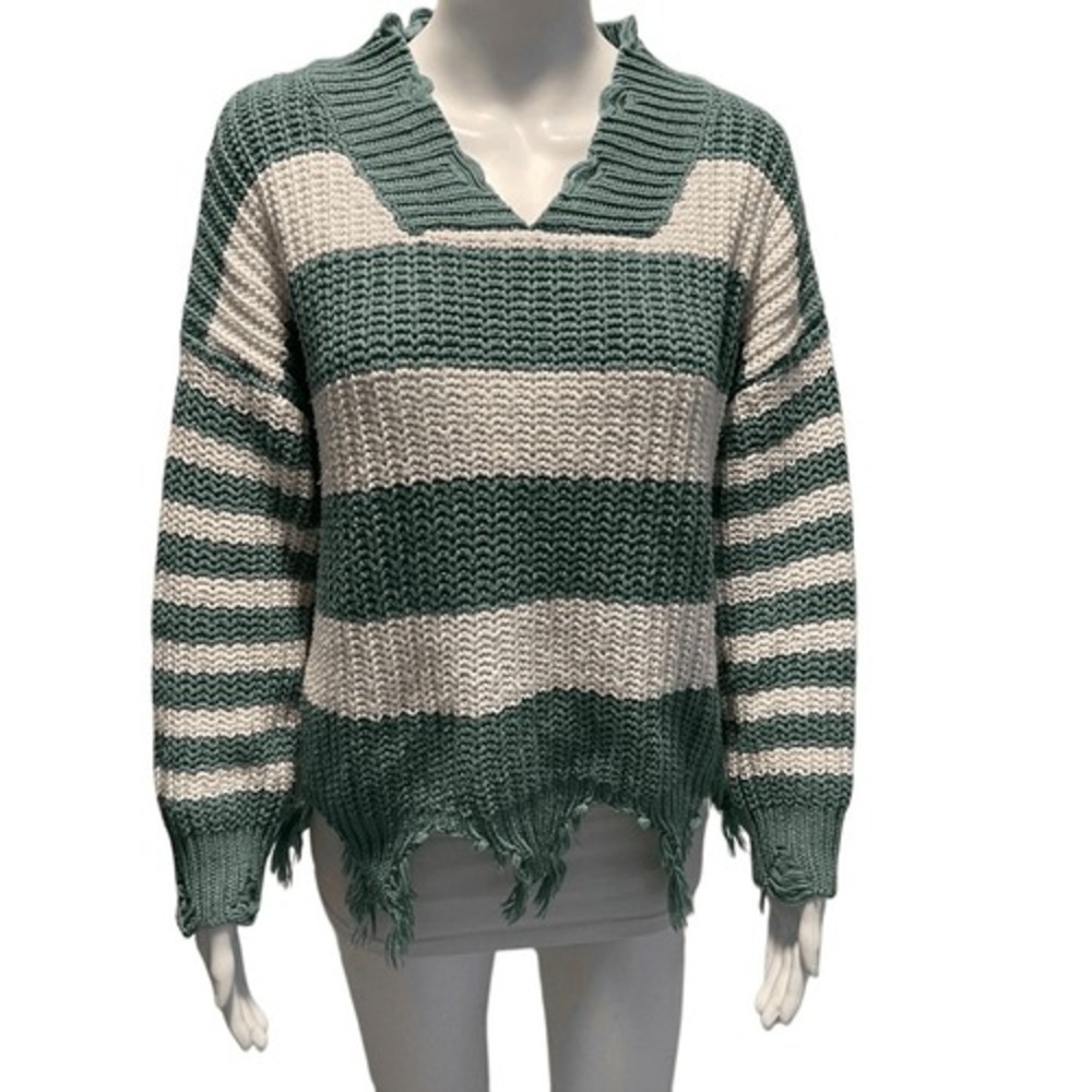 After You Green White Striped Knit Distressed‎ Hem Sweater Size M